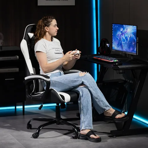 Miniatura 2 de Silla de videojuegos de piel sintética para masaje, silla de videojuegos para PC con soporte lumbar para hombres y mujeres, oficina en casa, altura