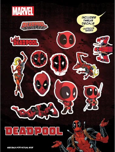 Marvel Deadpool - Adhesivos de vinilo de Deadpool - Juego de 12 adhesivos de vinilo de Deadpool para coche, ventana, camioneta, parachoques, Paquete
