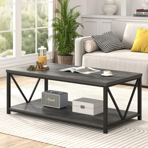 Miniatura 3 de EXCEFUR Mesa auxiliar, mesa de sala de estar de madera rústica y metal, mesa central rectangular industrial con estante de almacenamiento, 47 Gris