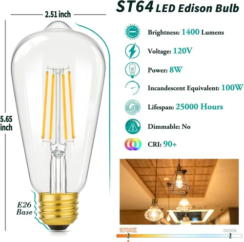 Miniatura 3 de Paquete de 4 bombillas LED Edison ST64 vintage de 8 W equivalentes a 100 W, bombillas E26 de 1400 lúmenes, blanco cálido de 2700 K, bombillas LED