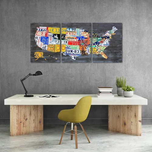 Miniatura 4 de MAMAGO Lienzo decorativo para pared, diseño de mapa de Estados Unidos, 3 paneles, fondo de madera, mapa de Estados Unidos, imagen y póster, arte