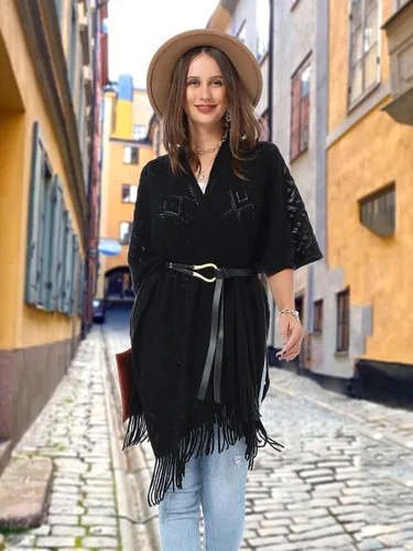 Miniatura 37 de Soul Young - Chal de punto para mujer, poncho con flecos y capa