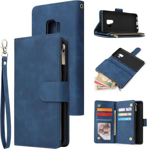 QLTYPRI Funda tipo cartera para Samsung Galaxy S9, bolsillo con cremallera Premium PU Cuero Tarjetero Ranuras con Soporte y Correa de Muñeca Cierre