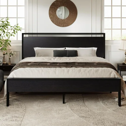 Miniatura 13 de Allewie Base de cama de plataforma tamaño Queen con cabecera y estribo de madera, soporte de 12 listones de metal resistente, no necesita somier