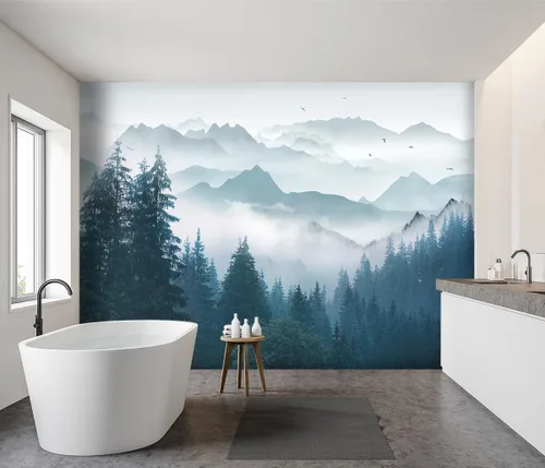 Miniatura 3 de Mural de pared de bosque nebuloso con escena de pino, papel tapiz de tela para sala de estar, dormitorio, baño, mural de montaña - 91"x65