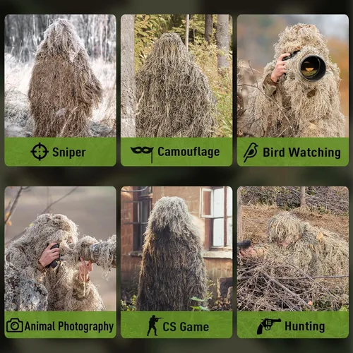 Miniatura 4 de Traje Ghillie 5 en 1 para hombre, incluye chaqueta, pantalones, capucha, bolsa de transporte y cintas de camuflaje, disfraces de Helloween