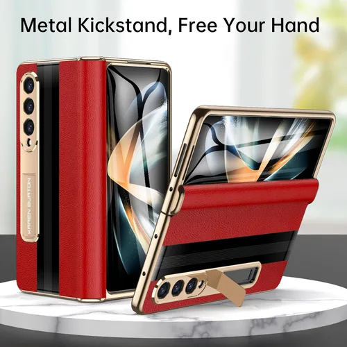 Miniatura 5 de para Funda de Teléfono Samsung Galaxy Z Fold 4 [Cuero Genuino de Lujo Premier][Protección Completa de Bisagra][Protector de Pantalla Rojo