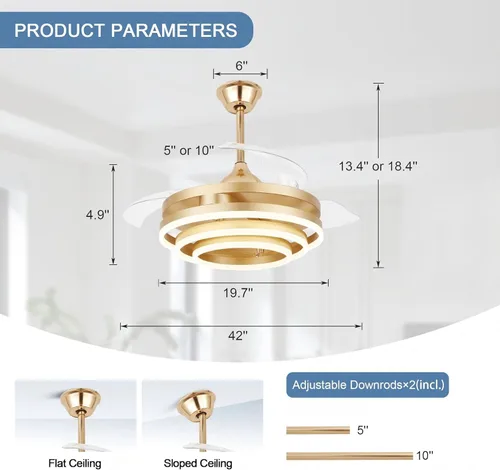 Miniatura 4 de Ventilador de techo de 52 pulgadas con luces y control remoto, moderno ventilador de techo plateado, lámpara LED, silenciosa, reversible, motor