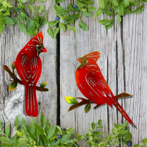 Miniatura 5 de Paquete de 4 piezas de arte de pared cardenal de metal, decoración de pájaros de metal 3D, adornos hechos a mano, pájaro rojo ágil, regalos