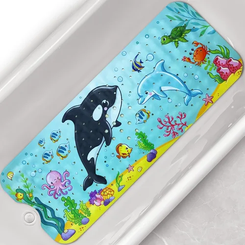 Miniatura 8 de Tapete de baño para bebé, 40 x 16 pulgadas, extra grande, alfombrillas antideslizantes para bañera y ducha con dibujos animados para niños
