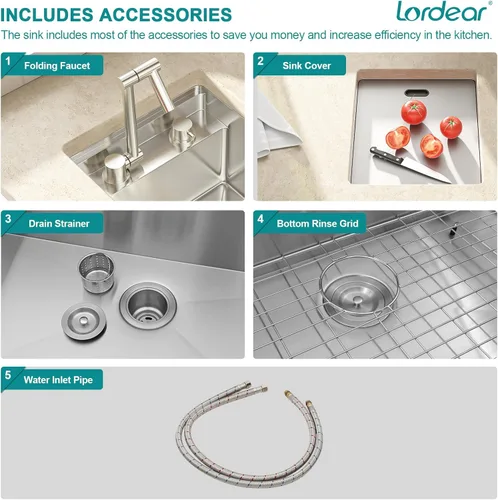 Miniatura 5 de Lordear Fregadero de cocina para interiores y exteriores de 15 x 17 con grifo plegable, Samll Bar Prep 16 calibre T304 de acero inoxidable