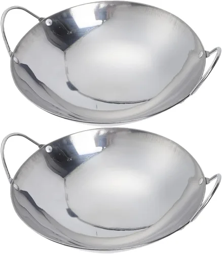Happyyami Sartén de metal para wok, 2 piezas de acero inoxidable, sartén pequeña con doble mango antiadherente para estufas de gas eléctricas de