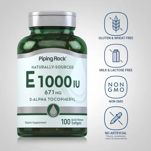 Miniatura 3 de Piping Rock Cápsulas de cápsulas blandas de vitamina E de 1000 UI 671 mg 100 píldoras Suplemento de tocoferilo D-alfa Sin OMG, sin gluten