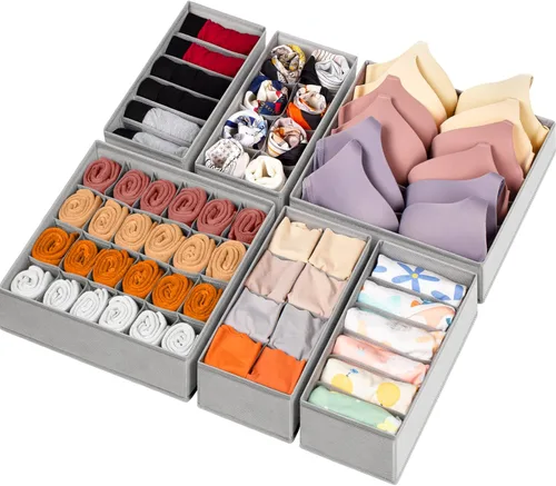 Miniatura 9 de Paquete de 6 organizadores de cajones para separar ropa interior y calcetines, con 58 celdas, organizadores de armario plegables de tela y Negro