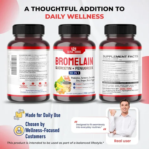 Miniatura 9 de Suplemento de bromelina con quercetina, zinc, fenogreco, cúrcuma, jengibre, pimienta negra y probióticos - Apoya la digestión, la salud