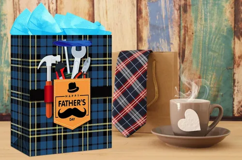 Miniatura 6 de WaaHome Bolsa de regalo para el día del padre para papá, con papel de seda y asa, 13 x 10.5 x 5.8 pulgadas, bolsa de regalo grande azul para el día
