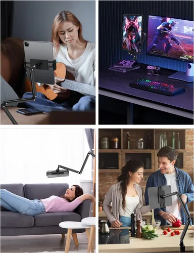 Miniatura 6 de Yumecamp - Soporte para tablet de triple brazo, soporte de aluminio resistente para iPad con abrazadera de escritorio, soporte giratorio de 360°