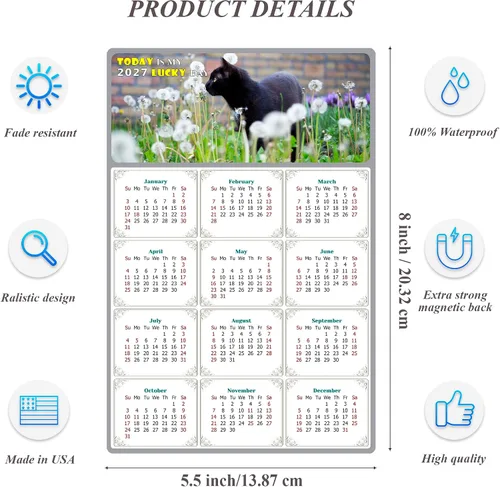 Miniatura 3 de Calendario magnético 2025 – Imanes del calendario – Today is my Lucky Day – Resistente a la decoloración, desgarros y agua – Temática de gato 05