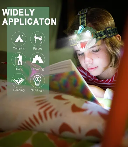 Miniatura 3 de Linterna de Cabeza para Niños - Linterna LED de Dinosaurio con Banda Ajustable para Niños y Niñas, 3 Modos de Iluminación - Perfecta para Acampar