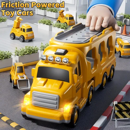 Miniatura 6 de Camiones de construcción de juguetes para niños de 2, 3, 4, 5 años, vehículo de transporte 5 en 1 para niños pequeños de 2 a 4 años con grúa