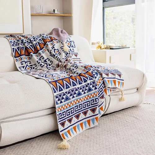 Miniatura 8 de Manta bohemia para el hogar, suave y que no se desprende, azul y naranja, acogedora manta ligera para todas las estaciones para uso en interiores