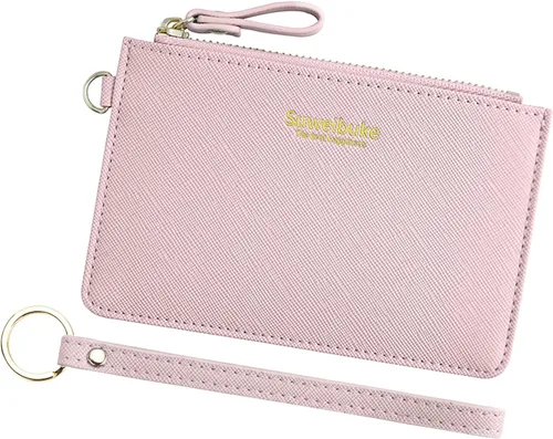 Miniatura 16 de Estuche Delgado para Tarjetas RFID para Mujer con Correa de Muñeca, Cartera con Cremallera para ID, Cartera de Cuero Pequeña, Monedero con Llavero