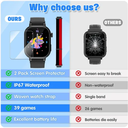 Miniatura 6 de Wiszodet Reloj inteligente impermeable para niños, regalo para niños de 3 a 12 años con 39 juegos, pantalla táctil HD, reproductor de música, cámara