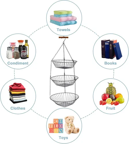 Miniatura 2 de JUNCHU CHERRY Cesta colgante de frutas de 3 niveles, 2 paquetes, almacenamiento para colgar en la pared, cesta de organización de cocina y baño