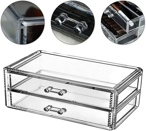 Miniatura 7 de Organizador de maquillaje de acrílico transparente con 2 cajones, caja de almacenamiento de maquillaje de escritorio y organizador de cosméticos