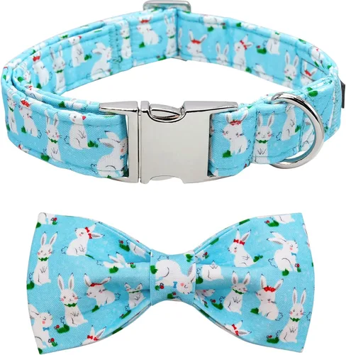 Lionet Paws Collar de Pascua para perro con pajarita, collar de conejo con hebilla de metal para perros, collar ajustable y cómodo para perros