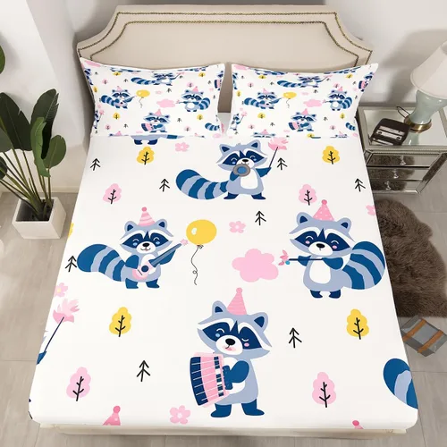 Miniatura 2 de Erosebridal Juego de sábanas tamaño individual de mapache para niños y niños, sábanas florales rosas de animales del bosque, juego de ropa de cama