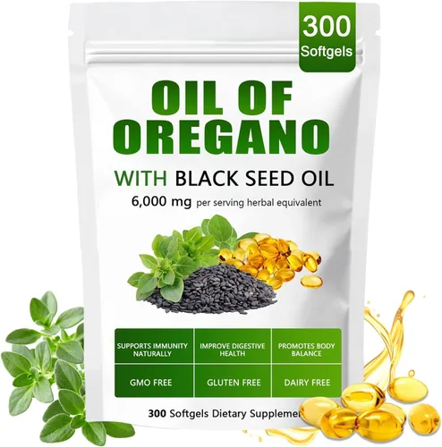 Aceite de orégano con aceite de semilla negra, cápsulas de aceite de orégano orgánico, suplemento puro y natural, apoyo inmunológico | Mejora la