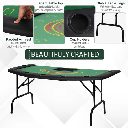Miniatura 6 de Soozier Mesa de póquer plegable, mesa de blackjack de 72 pulgadas para 7 jugadores con soporte para fichas y tazas, fieltro verde