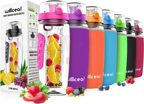 Miniatura 11 de Botella de agua con infusor de frutas de 32 onzas, duradera, grande, sin BPA, Tritan con tapa abatible, diseño a prueba de fugas, deportes, camping