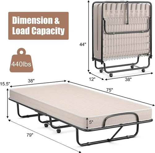 Miniatura 3 de HAPPYGRILL Cama enrollable, cama plegable con colchón de espuma viscoelástica de 5 pulgadas, marco de acero resistente, 4 ruedas universales, cama