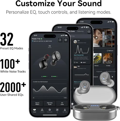Miniatura 6 de TOZO Auriculares inalámbricos T10 Bluetooth 5.3, aplicación para personalizar ecualizador, diseño ergonómico, tiempo de reproducción de 55 horas
