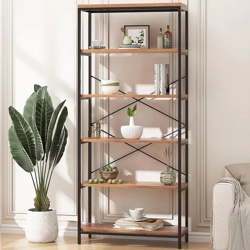 Miniatura 7 de BATHWA Estantería alta, estantería abierta moderna y ancha para libros, estantería industrial de metal de madera, estantería de muebles, estantería