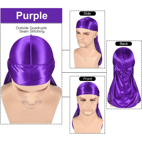 Miniatura 31 de Paquete de 3 piezas de durags sedosas para ondas de hombres, de regalo 1 gorra para marcar las ondas, talla única