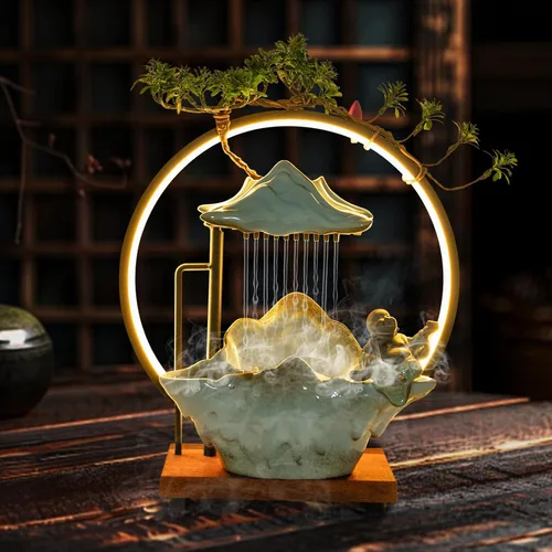 Miniatura 9 de Portaincienso de flujo inverso con luz LED y Begonia, quemador de incienso de estilo chino de cerámica para mujer, perfecto para relajarse