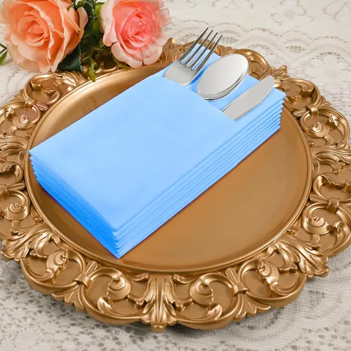 Miniatura 7 de Servilletas desechables de color azul menta, paquete de 50 servilletas de papel de tacto de lino con bolsillo integrado para cubiertos, tela