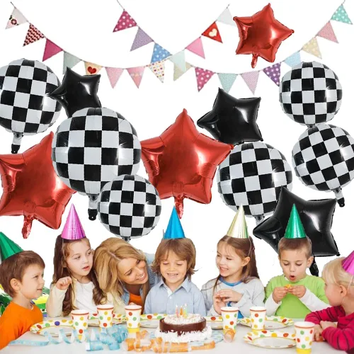 Miniatura 5 de TONIFUL 18 globos a cuadros blancos y negros, globos de carreras de 18 pulgadas para decoraciones de fiestas temáticas de autos de carreras rápidas
