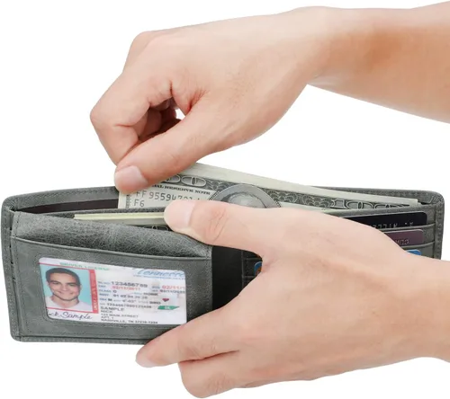 Miniatura 62 de HIMI - Cartera elegante de cuero auténtico para hombre, con bloqueo de interferencia de radiofrecuencia (RFID), con 2 ventanas para identificación