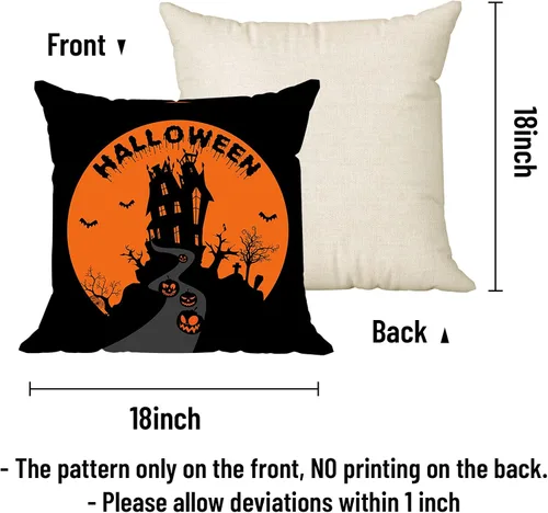 Miniatura 2 de Juego de 4 fundas de almohada de Halloween de 18 x 18 pulgadas, funda de almohada de lino suave con castillo de gato negro, decoración rústica