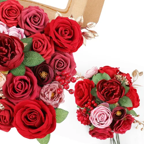 Miniatura 8 de AmyHomie Flores Artificiales Rojas Combo Mezcla de Seda Peonía Rosa Flores Falsas con Tallo para el Día de San Valentín DIY Ramos de Boda Centros