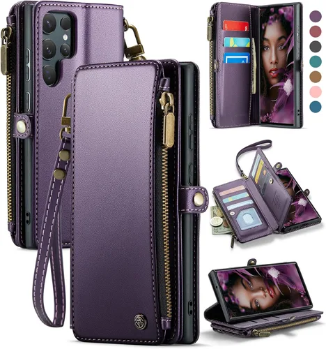 Miniatura 19 de Defencase Funda tipo cartera ultra magnética para Samsung Galaxy S22 compatible con Magsafe con cremallera de bloqueo RFID y tarjetero para mujer