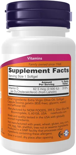 Miniatura 2 de Now Supplements, vitamina D3, 2,500 UI, salud ósea e inmunológica*, 180 cápsulas blandas