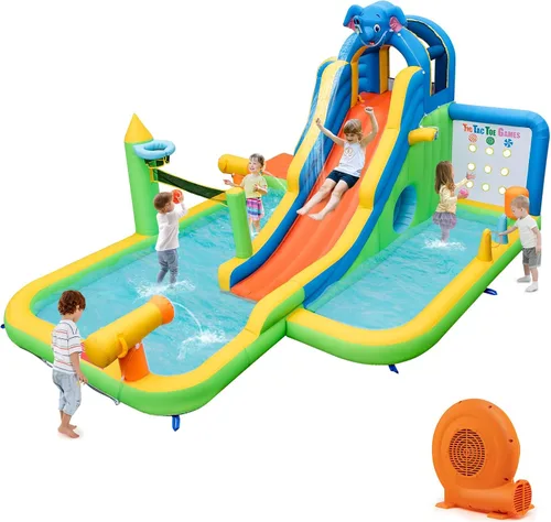 Miniatura 10 de HONEY JOY Tobogán acuático inflable, doble tobogán gigante con parque acuático con escalada, piscina de salpicaduras, toboganes acuáticos inflables