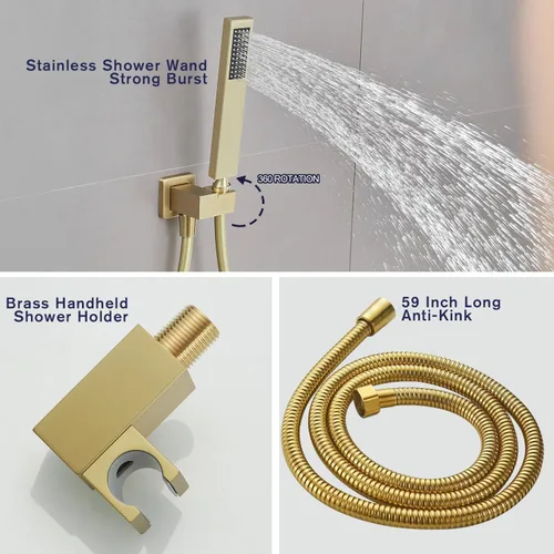 Miniatura 4 de Sistema de ducha de oro cepillado de 8 pulgadas, mezclador de lluvia de lujo, conjunto combinado de ducha montado en la pared y sistema de mano