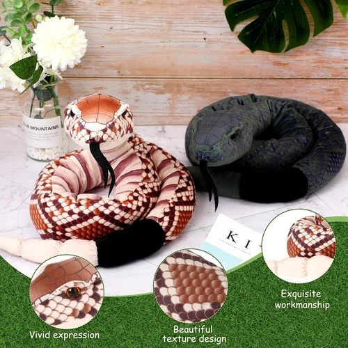 Miniatura 3 de Moneer 2 piezas de felpa de serpiente gigante, serpiente de cascabel de peluche grande de 54 pulgadas, animal de peluche de serpiente realista
