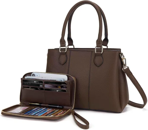 Miniatura 8 de Juego de bolsos y billeteras para mujer, bolso cruzado con asa superior, bolso de mano, cartera de hombro de cuero sintético A7-2pcs/Set Beige